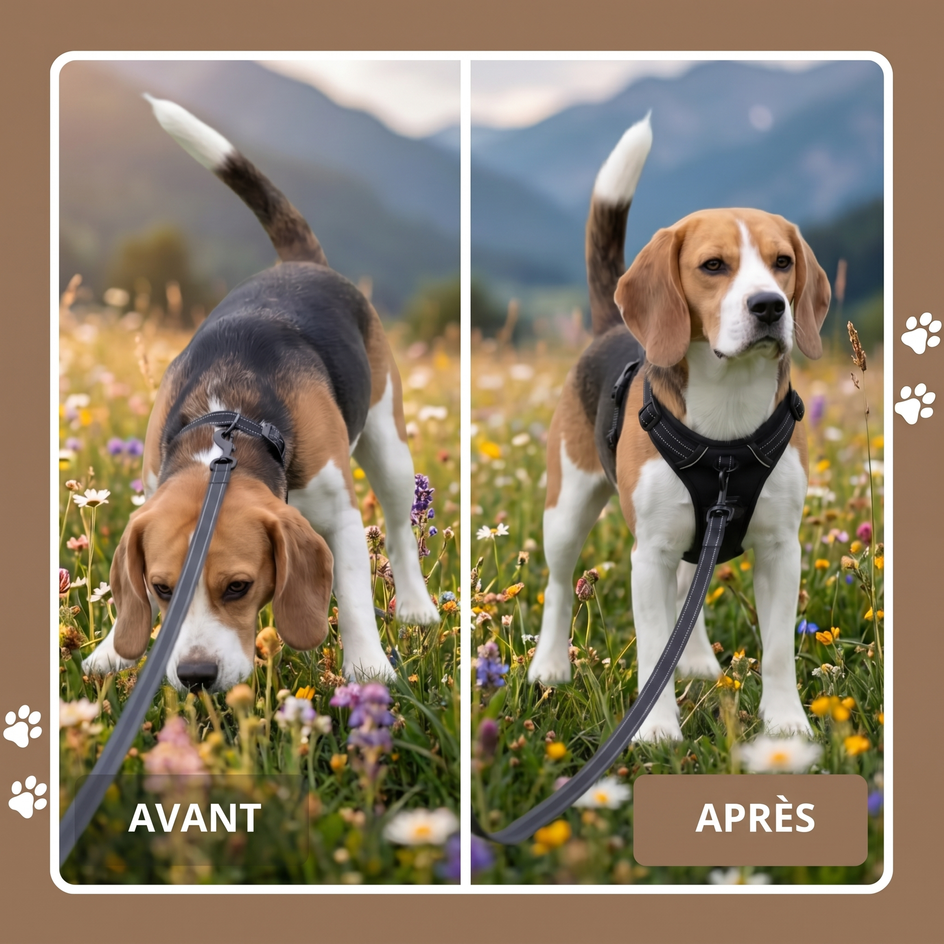 Harnais anti-traction Caninou - avant-apres