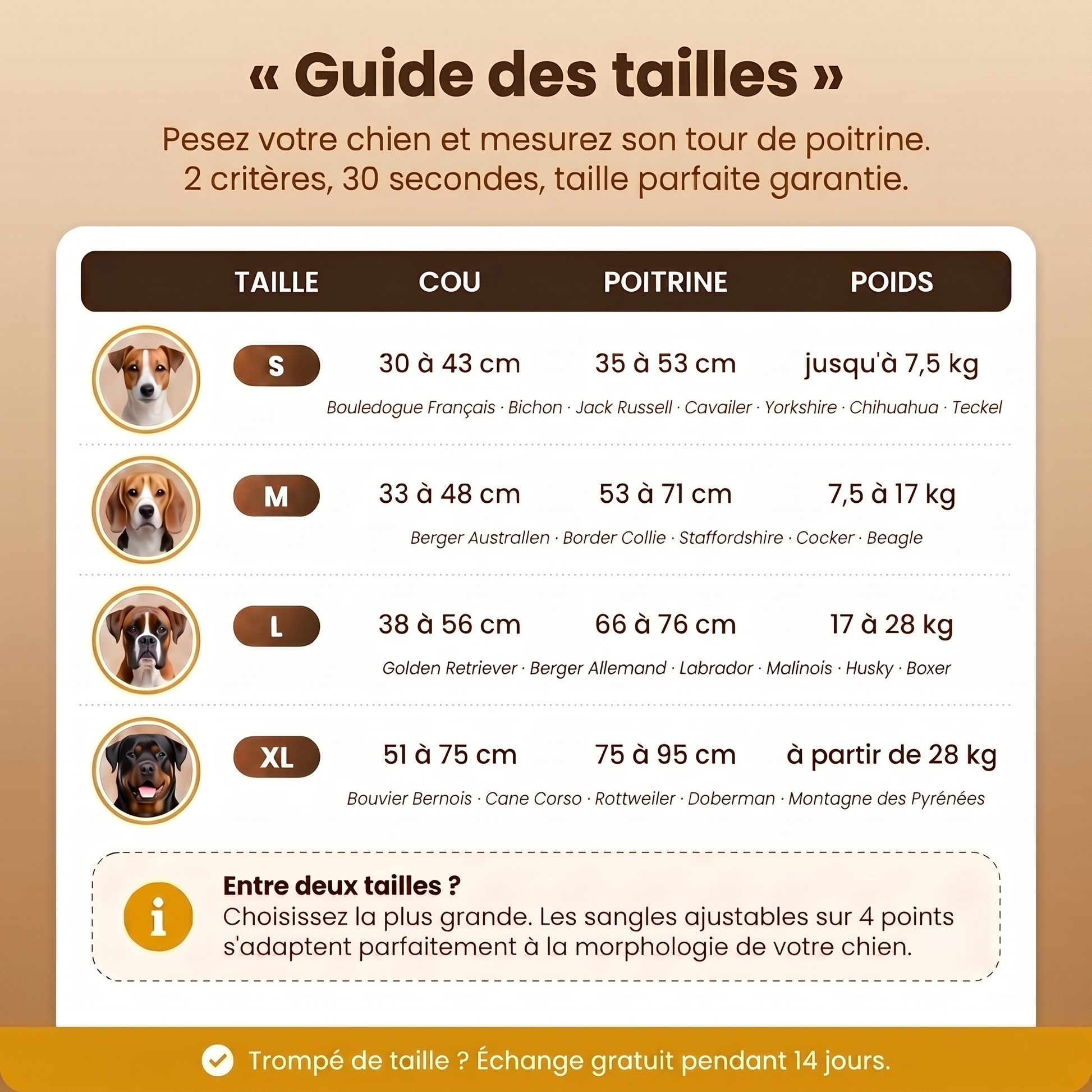 Harnais anti-traction Caninou - guide-tailles